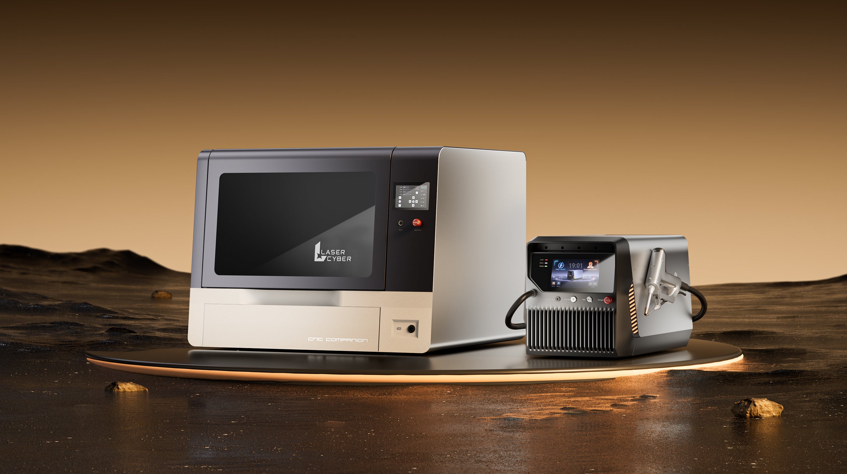 LaserCyber L1 Pro laser welder and C1 CNC machine displayed together