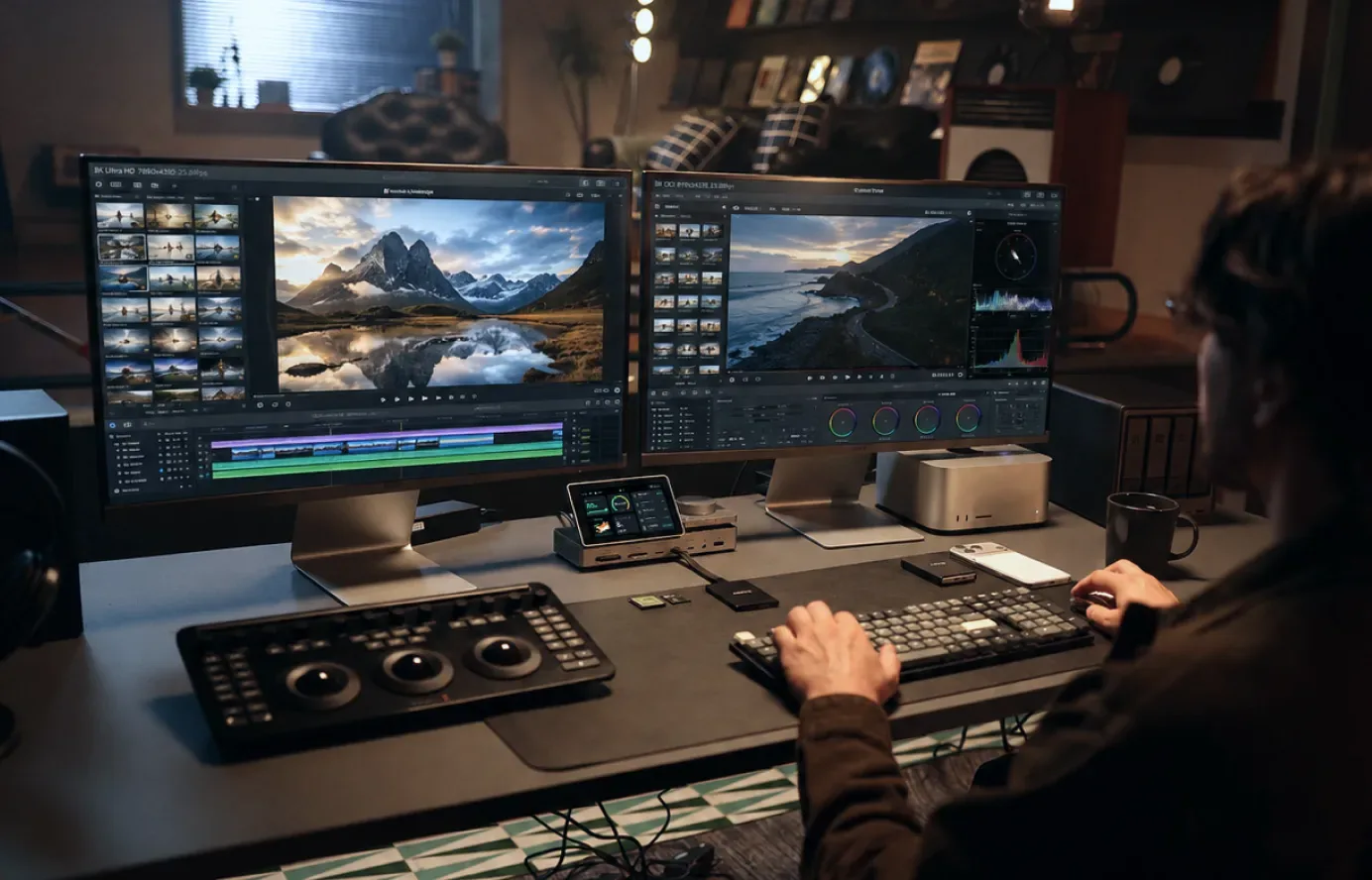 Creative editor using multiple displays with a PexarBolt Ultra TBT5 Dock on the desk