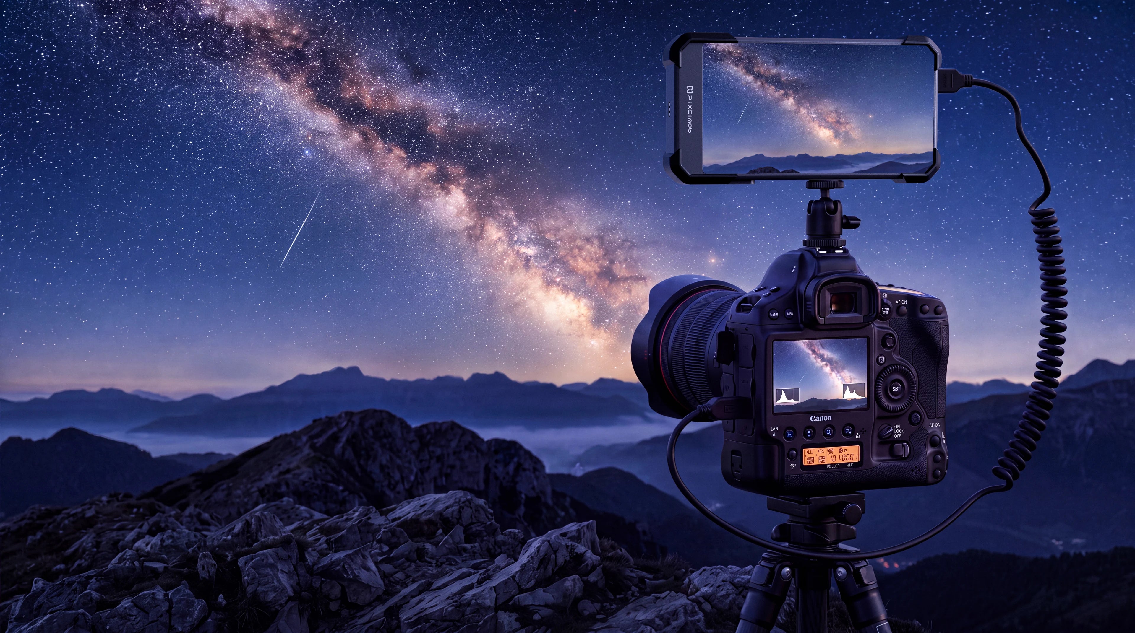 PixelMob mounted above a camera under a mountain night sky