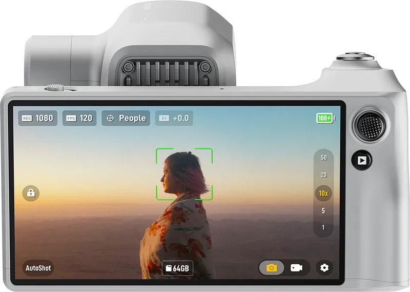 Rear OLED display of RocXZoom showing a subject-tracking interface