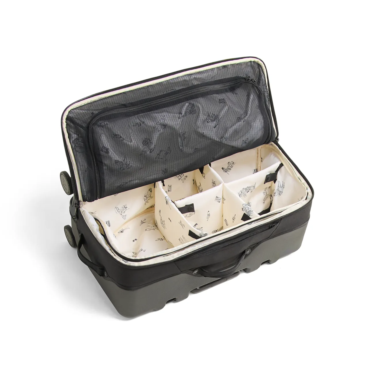 Open Rollaway suitcase with a patterned packing organizer fitted inside