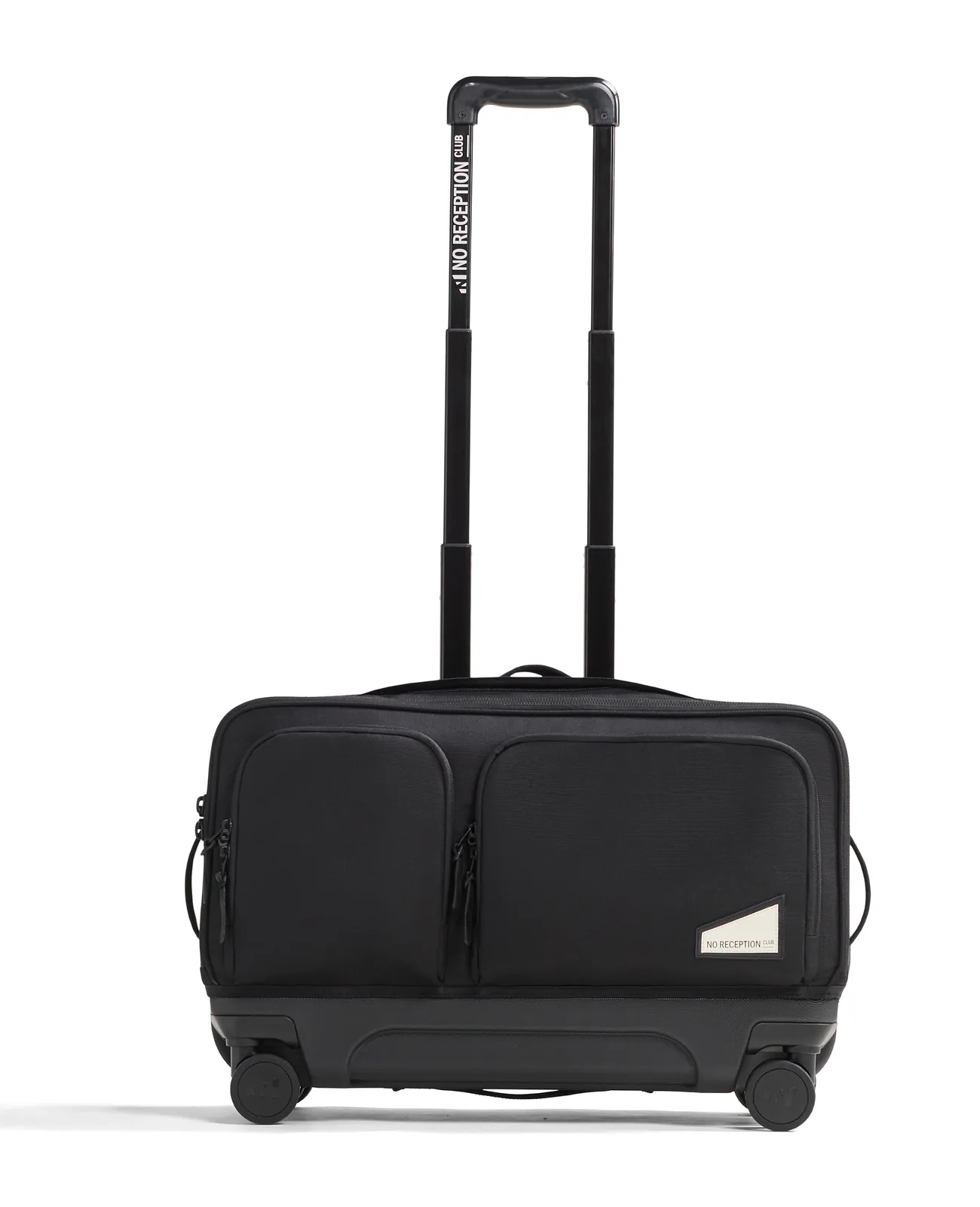 Front view of the black No Reception Club Rollaway carry-on with its handle extended