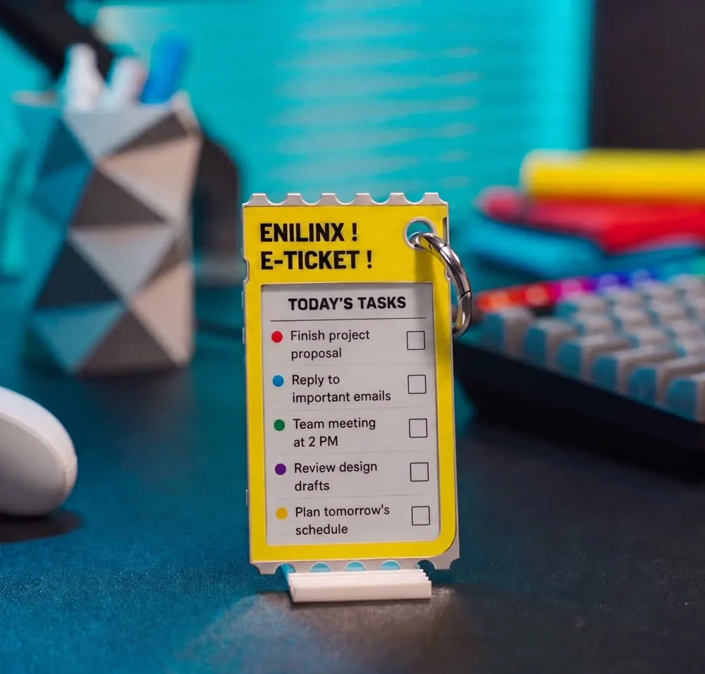 TICKEY standing on a desk and displaying a task list