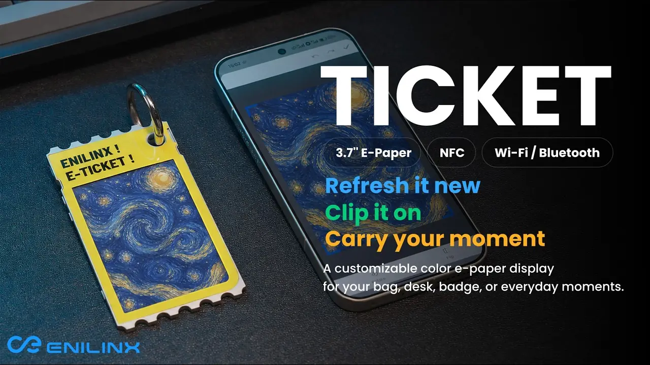 TICKEY video cover showing the yellow e-paper card beside a phone